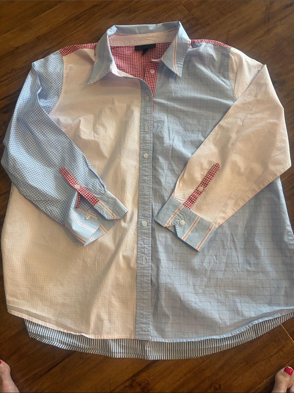 Lane Bryant Patchwork Button-Down Shirt in Light Blue, White & Red Gingham